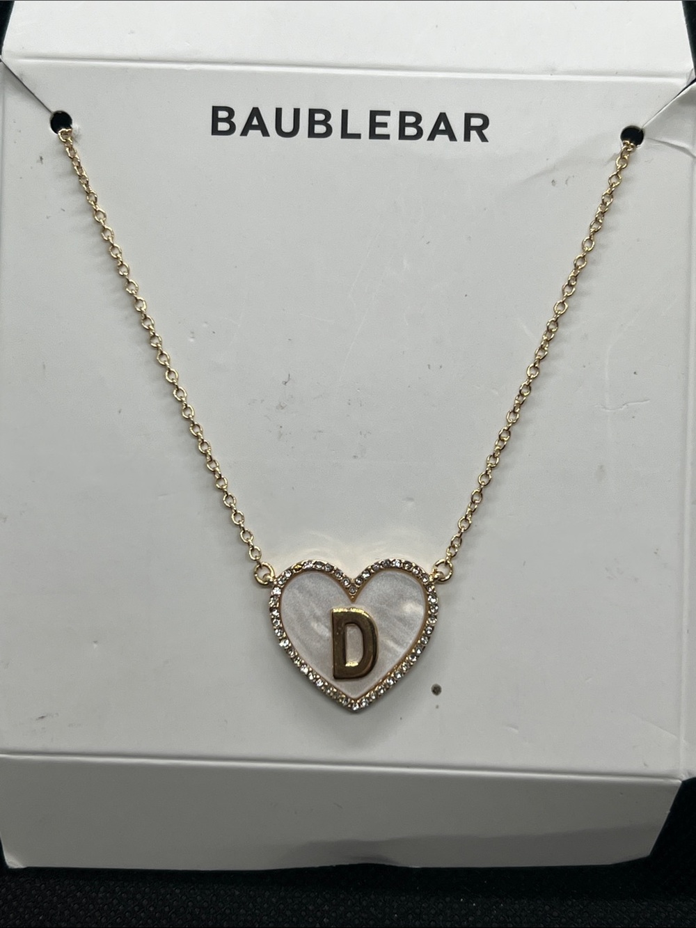 BaubleBar Gold Heart Initial Necklace with White Inlay and Crystal Edge *NOTES*